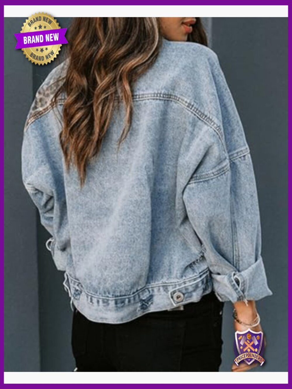 Women's Button Down Distressed Leopard Patchwork Denim Jacket Stone Washed Long - Picture 6 of 6